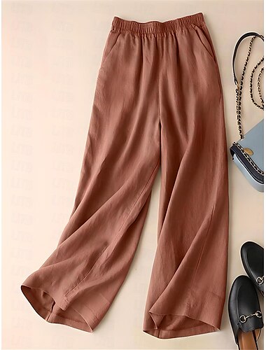  Mujer Perneras anchas Pantalones de lino y algodón Chinos Moda Ropa de calle Sencillo Hasta el Tobillo Alta cintura Plano maillard Bolsillo Cintura elástica Holgado Comodidad Transpirabilidad Suave