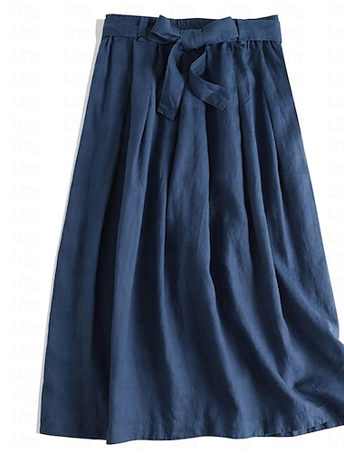  Mujer Falda Línea A Midi Alta cintura Faldas Color sólido Casual Diario Fin de semana Verano Lino Básico Casual Azul Marino Marrón Beige