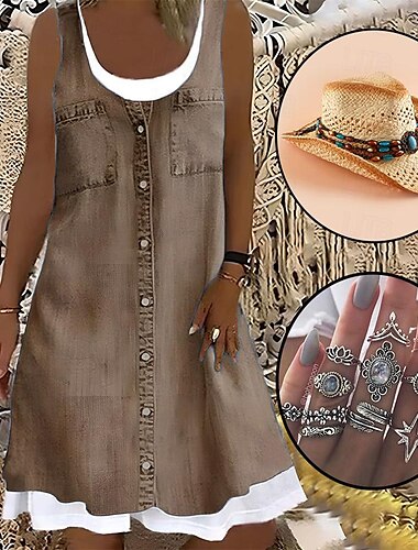  Set mit Damen-Etuikleid, Midi-Kleid, ärmellos, Ring für Damen, Acryl, stilvoller Western-Cowboy-Strohhut, 3-teilig, Damen, Sommer, Frühling, modern