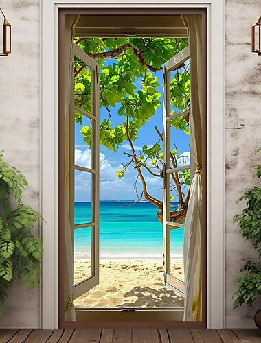  نافذة عرض الشاطئ الباب يغطي جدارية ديكور الباب نسيج الباب الستار الديكور خلفية الباب راية قابلة للإزالة للباب الأمامي داخلي في الهواء الطلق غرفة المنزل الديكور مزرعة ديكور لوازم