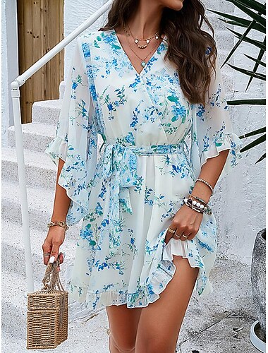 kvinders afslappet kjole blomster med snøreprint v-hals mini kjole boho ferie 3/4 længde ærmer sommer