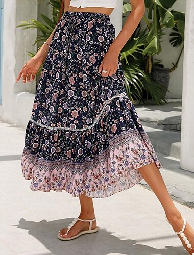  Damen Rock A-Linie Schaukel Böhmen Brautkleider schlicht Boho Maxi Hoher Taillenbund Röcke Blumen Rüsche Blumen Bedruckt Urlaub Festtage Rot Orange Dunkelblau Beige Sommer Kunstseide