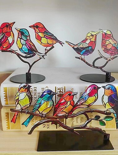 gekleurde vogels op tak desktop ornamenten, metalen platte levendige vogels decoraties op tak, dubbelzijdige multicolor kolibrie ambachtelijke standbeeld tafel cadeau voor vogelliefhebbers