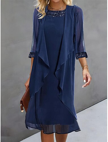  Femme Ensemble Robe Deux Pièces Robe casual Robe de Mousseline Extérieur du quotidien Elégant Mode Patchwork Strass Robe mi-longue Col Ras du Cou Manches 3/4 Plein Standard bleu marine Automne Hiver