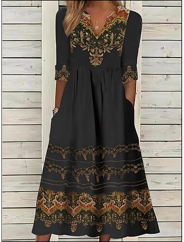  Femmes Robe Midi Robe Ethnique Robe d'été Robe Imprimée ancien Ethnique Tribal Extérieur Quotidien Date Coupe régulière Fleuri Tribal Demi Manches Col fendu Noir Été Printemps