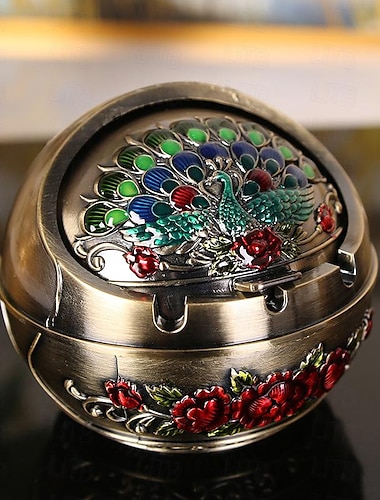  Cenicero de pavo real en forma de bola, mini cenicero artesanal de metal para regalo, adecuado para decoración interior y exterior