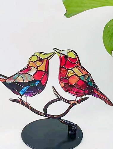  Gebeizte Vögel auf Ast-Desktop-Ornamenten, flache, lebendige Vogeldekorationen aus Metall auf Ast, doppelseitige mehrfarbige Kolibri-Bastelstatue, Tischgeschenk für Vogelliebhaber