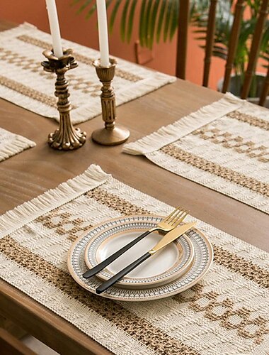  tapis de repas en corde de chanvre tapis de vaisselle en coton et lin géométrique en forme de diamant tissé couleur assortie tapis de bol à pompon de vacances matériau naturel style américain