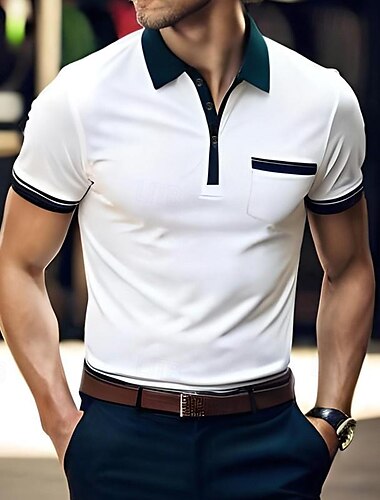  Herren Passende Sets Weiß Poloshirt Sport-Polo Golfhemd Hose Hosen Chinesisch Chino Chino Hosen Sets Kurzarm Kargen Urlaub Casual Farbblock 2 teilig Polyester Frühling Sommer