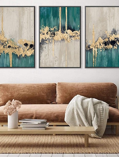  handgemalte 3-teilige Luxusgemälde, abstrakte Folienmalerei, Wandkunst, Acrylgemälde, goldene Gemälde, grüne Gemälde, große Gemälde für Wanddekoration, bestes Geschenk, Raumdekoration