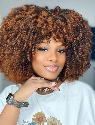  Afro lockige Perücken für schwarze Frauen kleberfreie synthetische kurze lockige Afro-Perücke mit Pony Ombre braun 12 Zoll Halloween-Perücken