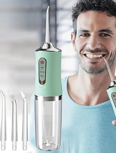  Irrigador de dientes eléctrico portátil recargable con 4 cabezales verdes: eficaz limpiador de costuras dentales bucales para hombres y mujeres, perfecto para usar hilo dental y limpiar con agua