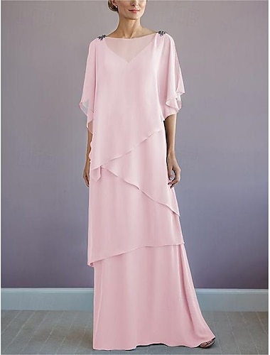  Strand Bröllop A-linje Mor till Bruden Klänning Formell Bröllop Gäst Elegant Bateau Hals Golvlängd Chiffon Halv Ärmd med Volanger Drapering Lager 2025