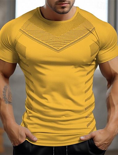  男性用 ジムシャツ スポーツTシャツ クルーネック 半袖 スポーツ カジュアル／普段着 ジム用 速乾性 高通気性 ソフト カラーブロック ブラック イエロー アクティブウェア ファッション ベーシック