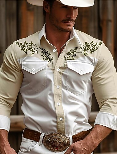  Voor heren Bloemig Westers overhemd Cowboyshirt Lange mouw Vintage Western stijl Alledaagse kleding Uitgaan Weekend Lente zomer Strijkijzer Zak Afdrukken Button-omlaag blauw Blozend Roze Khaki Beige