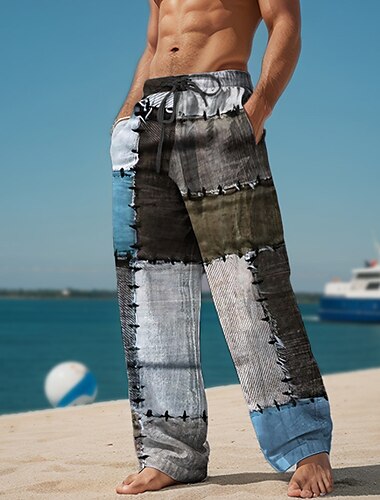  Plaid-Farbblock-Herren-Resort-Freizeithose mit 3D-Druck, elastische Taille, Kordelzug, lockere Passform, gerades Bein, Sommer-Strandhose, S bis 3XL