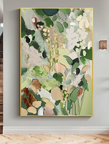  Mintura pinturas al óleo abstractas hechas a mano de flores verdes sobre lienzo, decoración de arte de la pared, imagen moderna para decoración del hogar, pintura enrollada sin marco y sin estirar