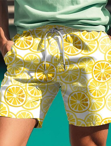  Voor heren Fruit Citroengeel 3D-afdrukken Lange zwembroeken Zwemshorts Boardshorts Medium Taille Hawaii Casual Strand Feestdagen Trekkoord met Mesh-voering Elastische taille Ontwerper Kleding