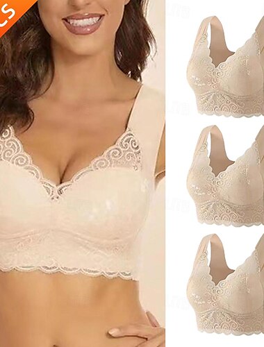 Damen Drahtlos Gepolsterte BHs Komplett bedeckend V Ausschnitt Atmungsaktiv Push-Up Hosen Spitze Einfarbig Pull-On-Verschluss Verabredung Casual Nylon Sexy 1 Stück Schwarz Khaki