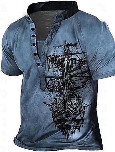  Herren Grafik Segelboot Totenkopfe T Shirt Henley Hemd Raglan-T-Shirt Kurzarm 3D-Druck Täglich Retro Vintage Lässig Urlaub Ferien Ausgehen Frühling & Sommer Gelb Burgunderrot Blau Purpur Grau Henley