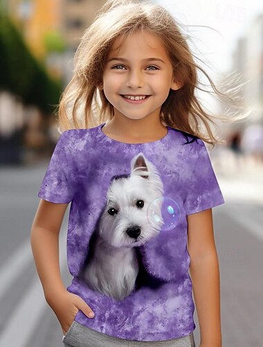  Mädchen T-Shirt mit 3D-Hund, rosa, kurzärmlig, 3D-Druck, Sommer, aktiv, modisch, süß, Polyester, Kinder, 4–12 Jahre, Rundhalsausschnitt, Outdoor, lässig, täglich, normale Passform