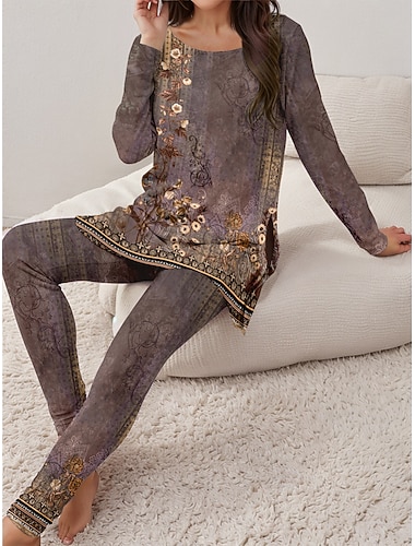  Kvinners Pyjamas Sett Loungewear Rund Hals Langermet Dagtids T-skjorte Bukse Sett Utskrift Utendørs Sport Dagtids Lys Grønn Vår  Høst Hjem Klær