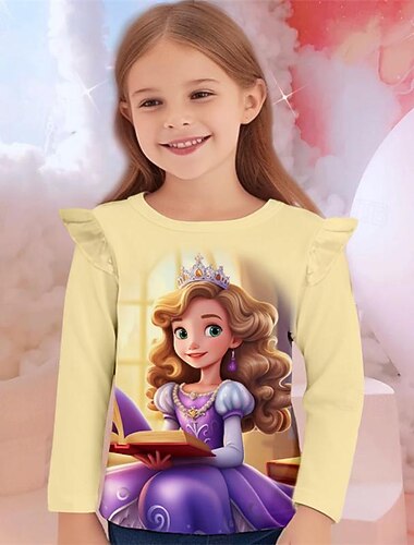  Da ragazza 3D Da principessa Maglietta con volant Rosa Manica lunga Stampa 3D Primavera Autunno Attivo Di tendenza stile sveglio Bambino 3-12 anni Girocollo Esterno Informale Giornaliero Standard