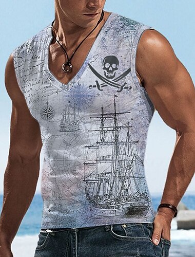  Men's Graphic Pirate Sailboat Tank Top Vest Top Sleeveless T Shirt for Men Sleeveless T shirt 3D Print V Neck Shirt Sports Fashion Casual Sports Outdoor Holiday Gym Blue Green Khaki Summer Clothing
