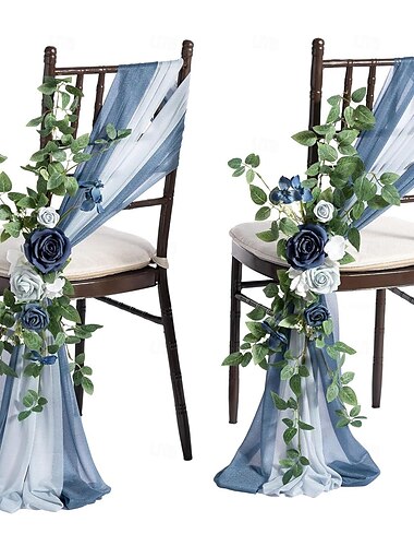  Hochzeitsstuhldekorationen, Gangbank, künstliche Blumen mit hängendem Chiffonstoff, 2 Stück, Terrakotta-Orange & Schwarz für Zeremonie, Empfang, Blumenarrangement, Party, Außendekoration