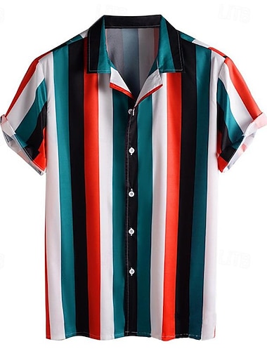  Herren Sommerhemd Freizeithemd Bowlinghemd Knopfhemd Gelb Rote Blau Grün Kurzarm Farbblock Streifen Umlegekragen Urlaub Hawaiianisch Patchwork Bekleidung Polyester Mode Lässig Bequem