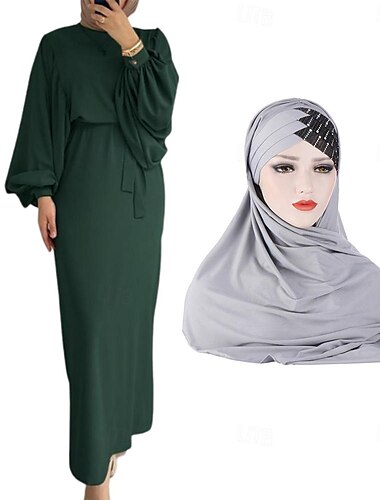  Set mit Damen-Abaya-Kleid, arabisches muslimisches Maxikleid mit Gürtel, religiöses saudi-arabisches Kleid, Hijab-Schals, Schal, Wickelkopfschmuck, Ramadan, religiös, 2-teilig, Damen, Ramadan,