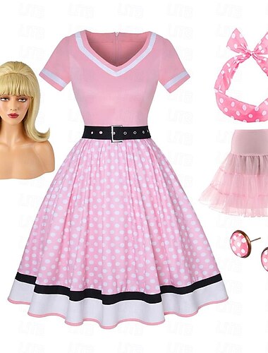  Retro Vintage Años 50 Rockabilly Enagua Falda de aro Vestido de una línea Vestido tutú Vestido acampanado Audrey Hepburn Mujer Disfraz de cosplay Fiesta / Noche Vestido de mascarada con peluca de
