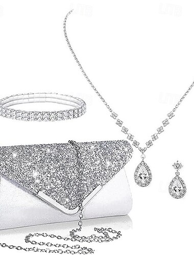  handtas voor dames water diamanten sieradenset sprankelende ketting oorbellen armband 4 set bruiloft clutchportemonneesb