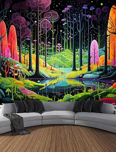  Schwarzlicht-Wandteppich, UV-reaktives Leuchten im dunklen Wald, Trippy Pathway, neblige Naturlandschaft, hängender Wandteppich, Wandkunst-Wandbild für Wohnzimmer, Schlafzimmer