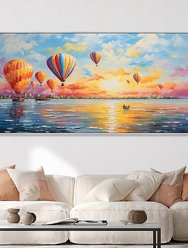 pictură cu textură cu balon cu aer cald pictat manual, pictură lucrată manual, ocean răsărit de soare, pictură pe nor, peisaj de călătorie, pictură în ulei, decorare pentru casă, gata de agățat sau
