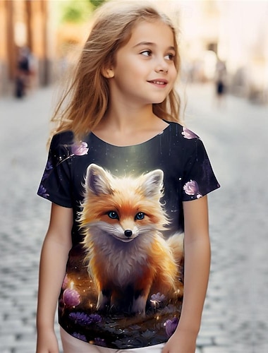  Mädchen-T-Shirts mit 3D-Fuchs, kurzärmelig, 3D-Druck, Sommer, aktiv, modisch, niedlich, Polyester, Kinder 3–12 Jahre, Rundhalsausschnitt, Outdoor, lässig, täglich, normale Passform