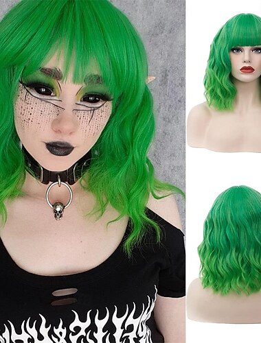  Hellgrüne Ombre-Perücke für Damen, kurze lockige, gewellte Perücke, schulterlang, flache Pony-Perücke für Frauen, Mädchen, Cosplay, Party, Halloween, Perückenkappe inklusive St. Patrick's Day-Perücken