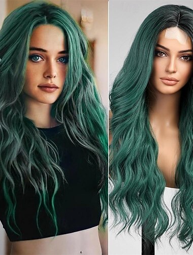  ombre green wiglong vihreä värillinen aaltoileva peruukki naisille pitsi etuosa kihara aaltoileva wignatural näköinen synteettinen lämmönkestävä kuitu peruukki päivittäiseen juhlakäyttöön St.