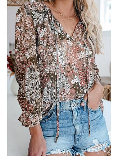  kvinders skjorte boho skjorte bluse mode blomster geometrisk snøreprint lange ærmer almindelige toppe v hals afslappet ferie sort hvid pink vin rød forår &amp;  falde