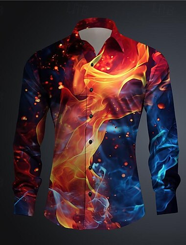  Homens Labareda camisa de botão Camisetas impressas Manga Longa Subcultural Férias Rua Primavera Verão Aberto para a Lateral Imprimir Botão para baixo Amarelo Vermelho