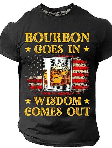 Men's Funny Bourbon Graphic T-Shirt - 'Bourbon Goes In Wisdom Comes Out' Patriotic American Flag Tee   Men's Funny Bourbon Graphic T-Shirt - 'Bourbon Goes In Wisdom Comes Out' Patriotic American Flag Tee