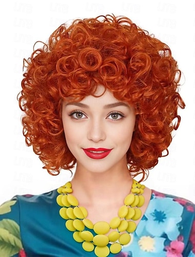  Colorground curto fofo encaracolado laranja vermelho peruca cosplay traje feminino para o dia das bruxas
