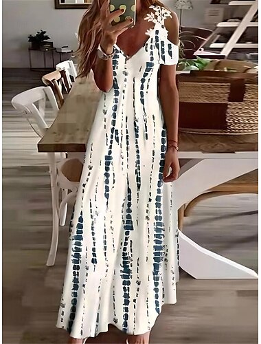  Damen Maxikleid Freizeitkleid Ombre Floral Cut Out Druck V-Ausschnitt Lässig Täglich Kurzarm Sommer Frühling