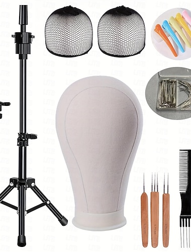  Trípode para peluca de 22 pulgadas, soporte para peluca, cabeza de maniquí para pelucas, conjunto de bloque de cabeza de lona para pelucas, exhibición con gorros de peluca, juego de pines t/c