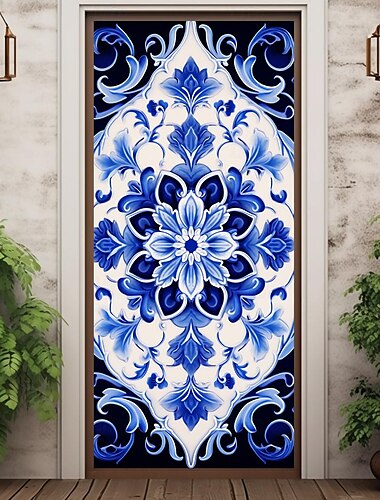  Blaue Skizzen-Blumen-Türabdeckungen, Türteppich, Türvorhang, Dekoration, Hintergrund, Türbanner für Haustür, Bauernhaus, Urlaub, Party, Dekorationszubehör