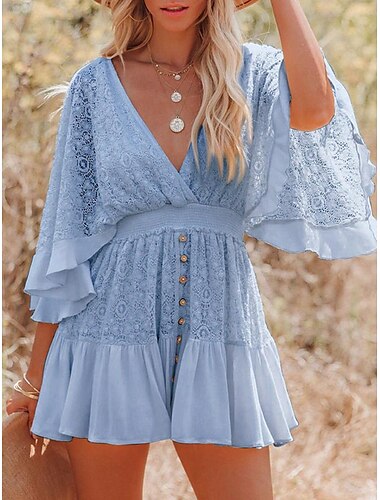  Damen Minikleid Weißes Kleid Spitzenkleid Boho Chic Kleider Boho-Kleid Bohemien A-Linie Date Normale Passform Dreiviertelarm V Ausschnitt Schwarz Weiß Gelb Rosa Sommer Frühling