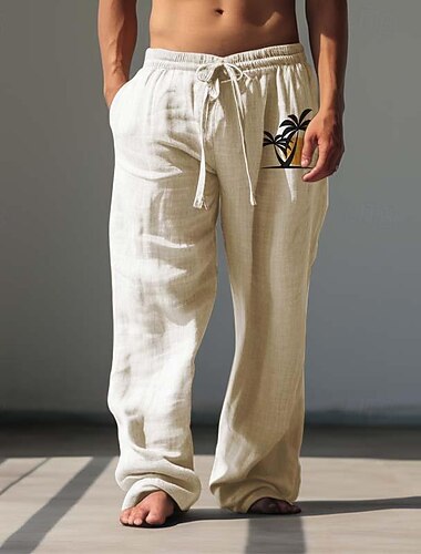  Kokosnussbaum-Männer, lässige Baumwollhose, Alltagskleidung, Urlaub, Ausgehen, elastische Hose mit mittlerer Taille