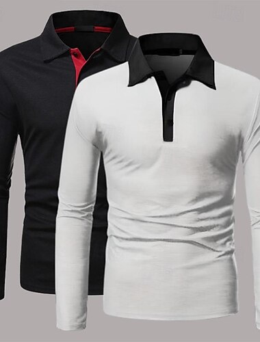  Mehrfachpackungen 2St Herren Viertel Postleitzahl Langarm Grau + Schwarz Polo Poloshirt mit Viertelreißverschluss Golfhemd Spleißen Farbblock Freizeitskleidung Urlaub Polyester Frühling & Herbst