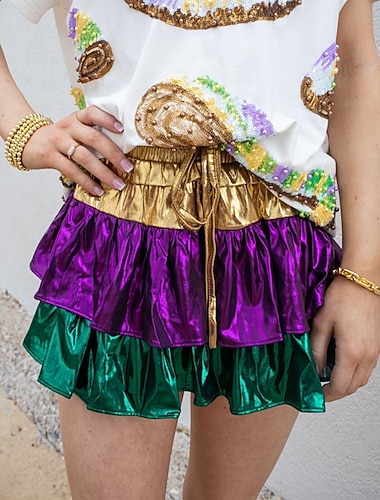 Mujer Falda Mini Alta cintura Faldas Volante Multi capa Bloque de color Mardi Gras Festival Verano Poliéster Moda Morado