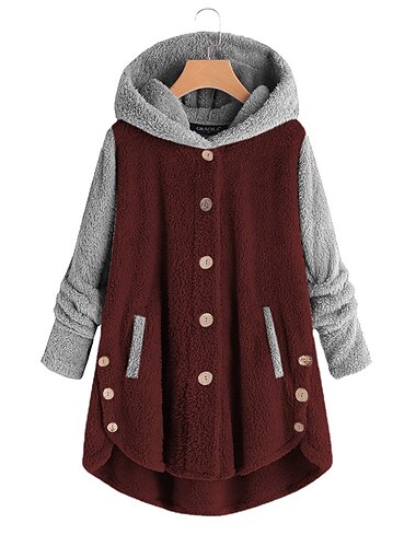  Dam Färgblock Varm Teddy Suddig Långärmad Luvtröja Långa toppar Gata Ledigt Knappar Ficka Svart Rodnande Rosa Vin Blå Grön Höst vinter